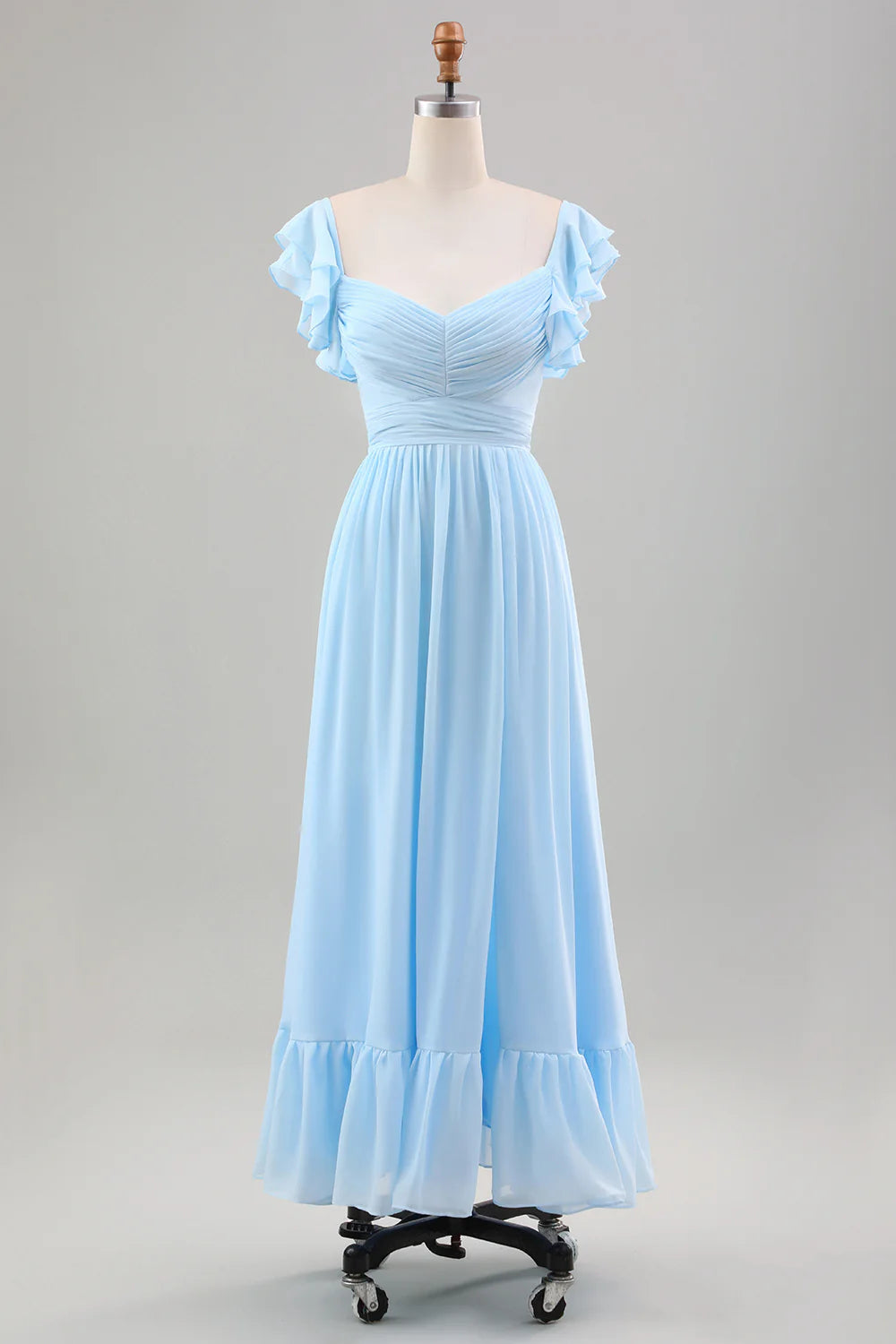 A Line Chiffon Pleated Tea-Length Dress with Ruffle Sleeves