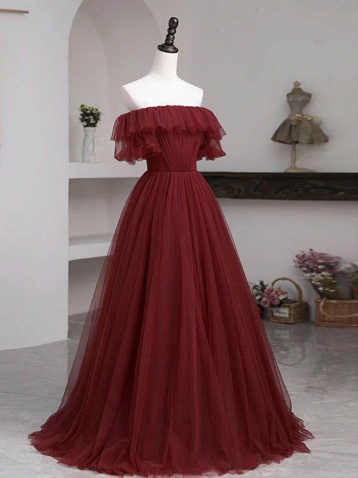 A line burgundy tulle long prom dress burgundy tulle prom dress
