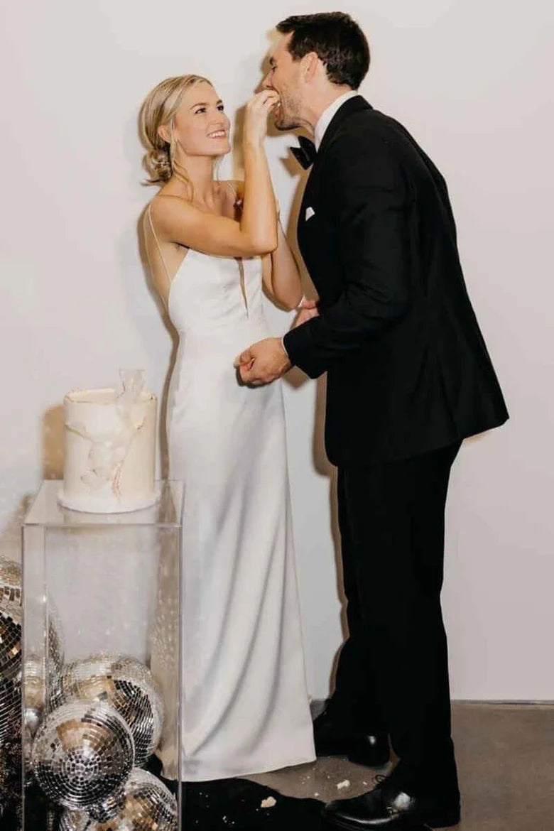 White Satin Plunge Neck Backless Sheath Wedding Dress