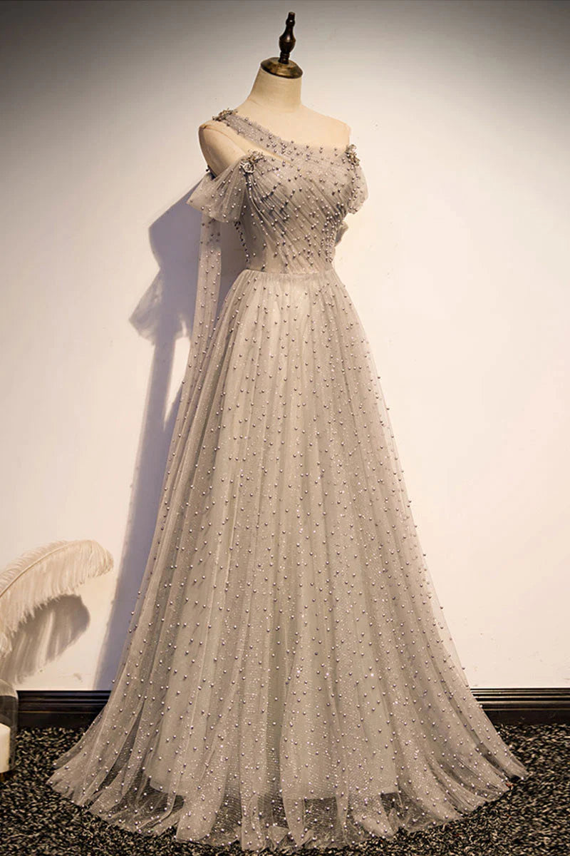 Gray tulle one shoulder long prom dress gray formal prom dress