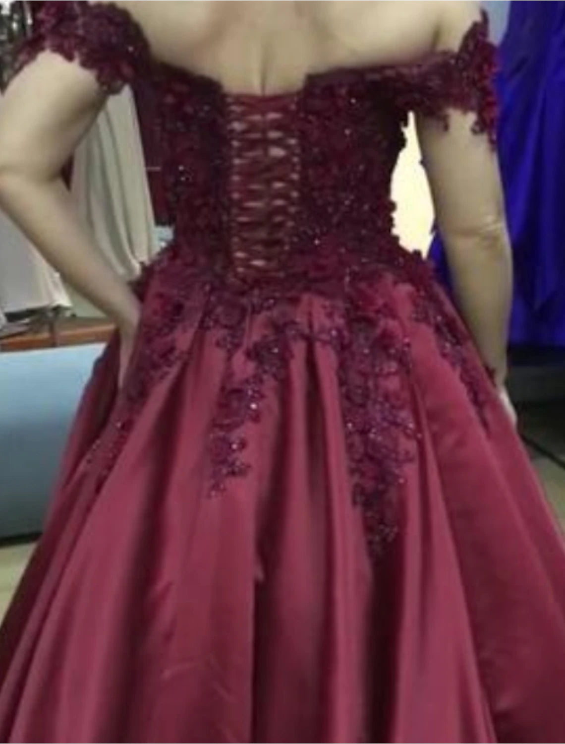 Prom Dress Shiny Dress Adult Prom Dress Off the Shoulder Sleeveless and Floor Lace Applique