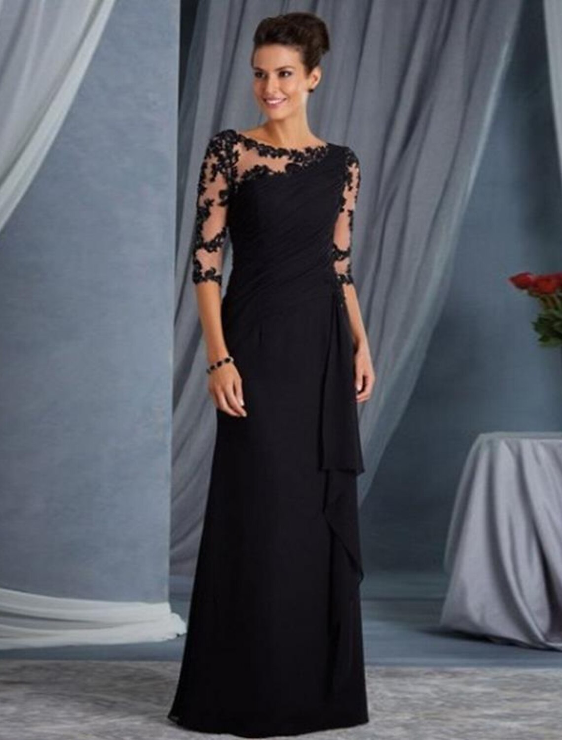 Tight black dress evening dress formal banquet and floor length half sleeved jewelry collar autumn wedding guests lace stickers