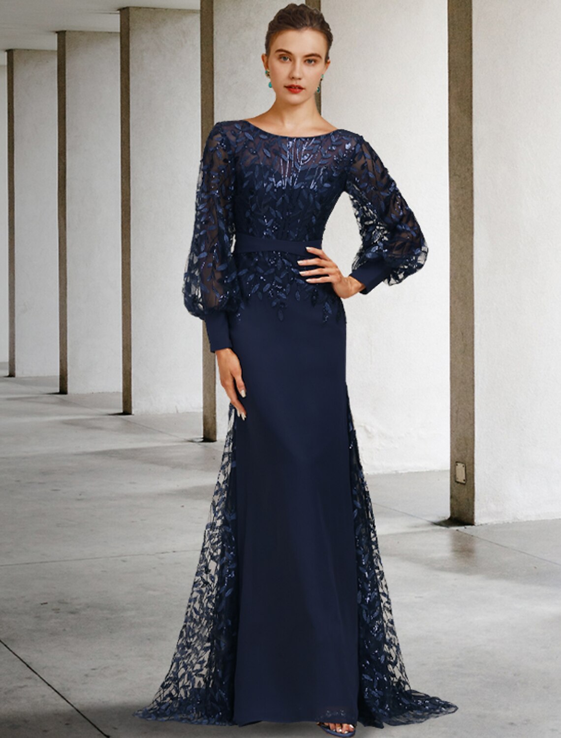 Mermaid Small Bride Mom Dress Wedding Guests Vintage Jewelry Neck Sweeping Brush Tail Chiffon Lace Long Sleeves with Sequin Ruffle Edge