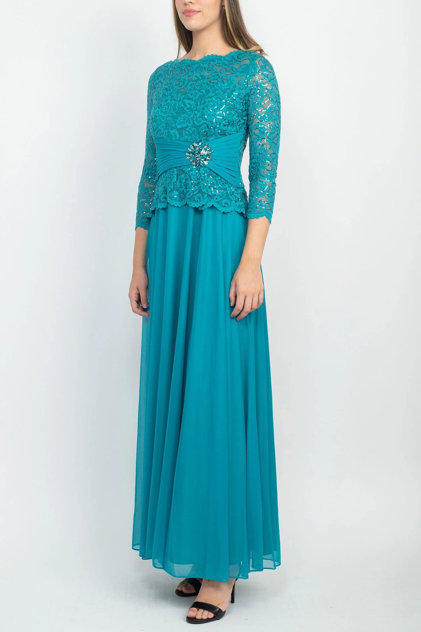 Neck 3/4 Sleeve Sequin Lace Bodice Pleated Broach A-Line Chiffon Mother of the Bride Dresses