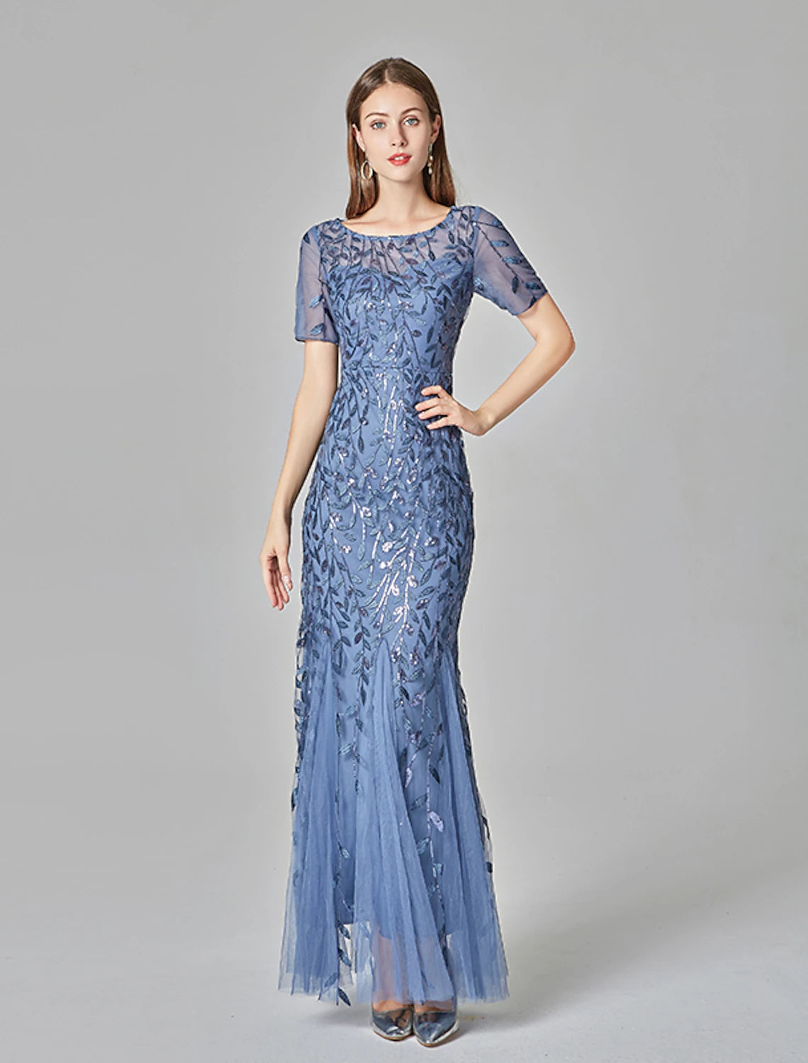 Mermaid Evening Dress Ball and Floor Length Short sleeved Jewelry Collar Autumn Wedding Guests Embroidered Thin Gauze