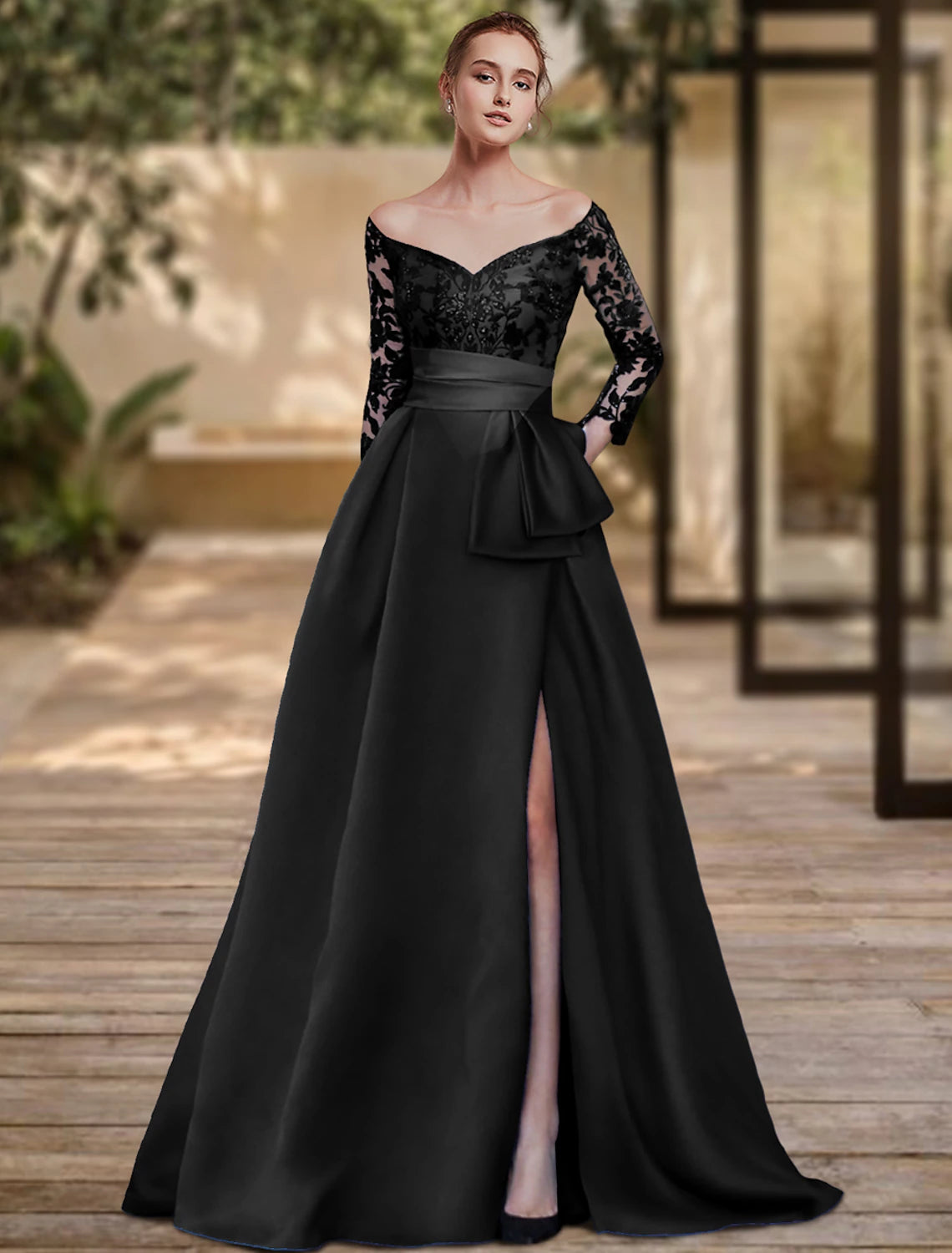 Tight column style evening dress with high slit for formal wedding guests broomstick tail 3/4 long sleeved off shoulder soft satin with bow slit