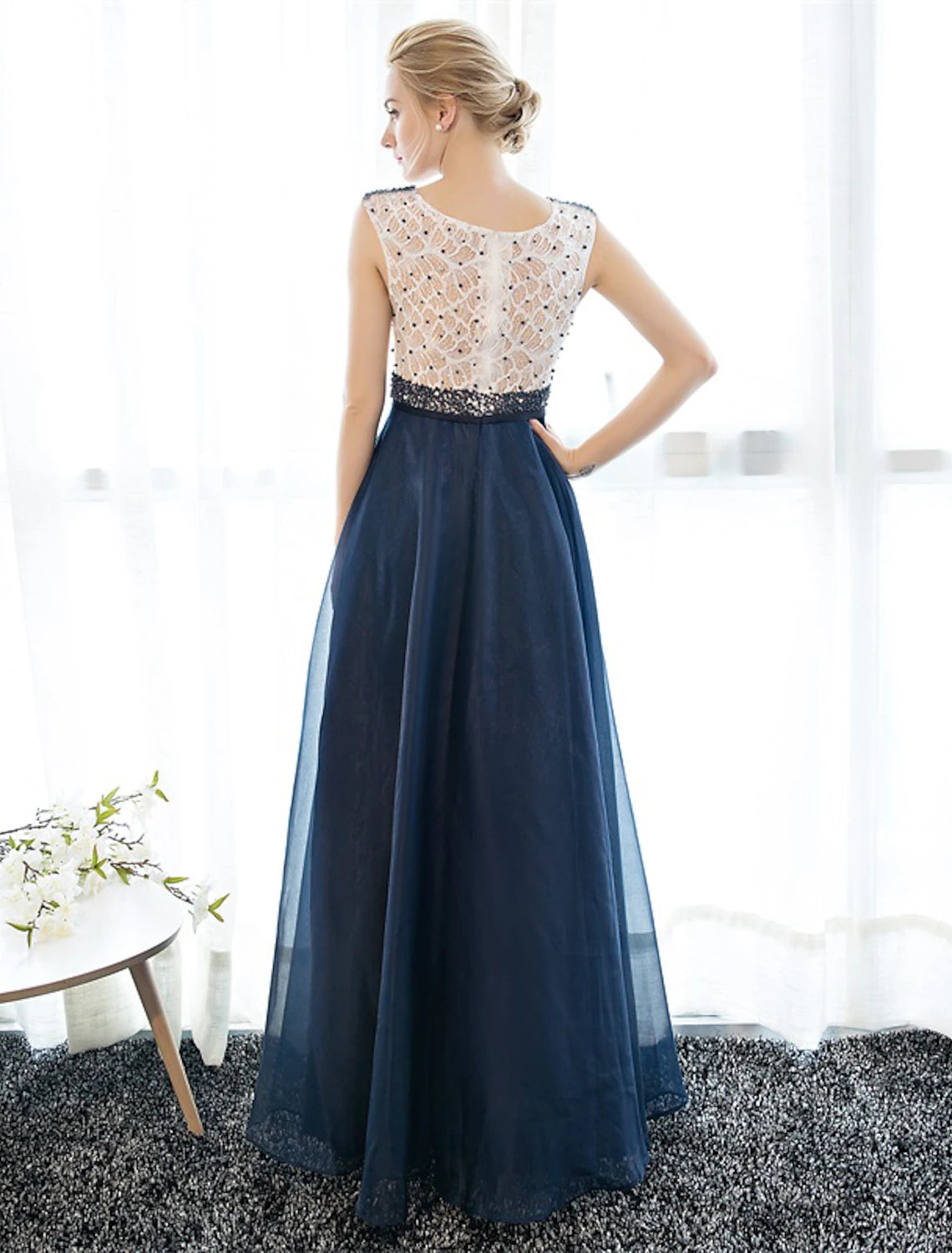A-line Elegant Wedding Guest Ball Dress with Floor Length Sleeveless Phantom Neckline Lace Beads