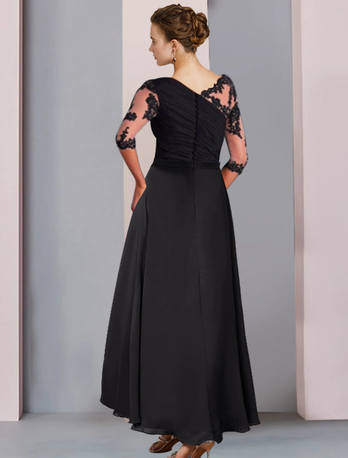 A-line Bride Mom's dignified and atmospheric dress Wedding guests High and low spoon necklines Asymmetric tea length Chiffon lace half sleeve stickers