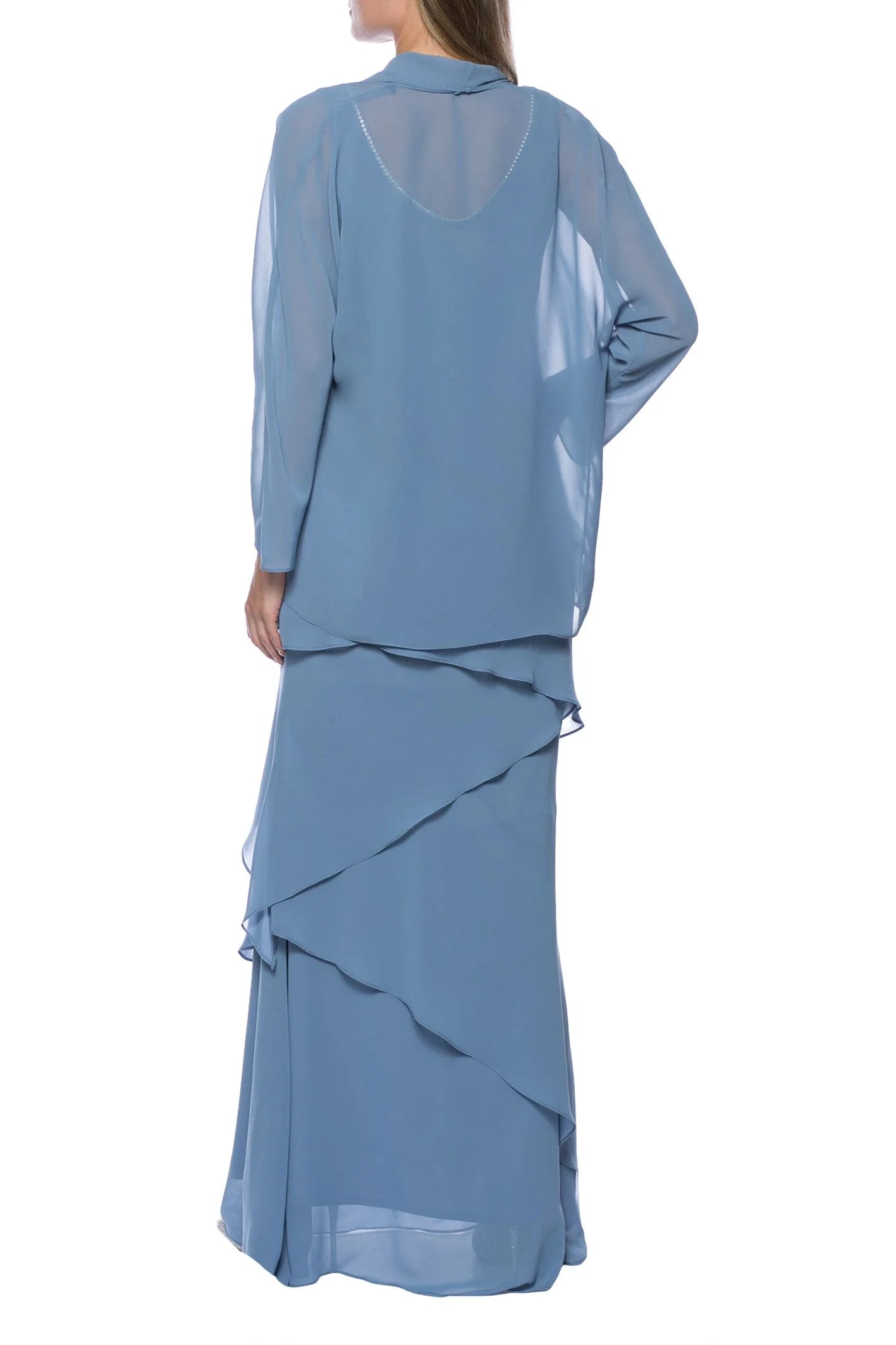 Embellished Scoop Neck Sleeveless Tiered Solid Chiffon Mother of the Bride Dress With Matching Long Sleeve Jacket