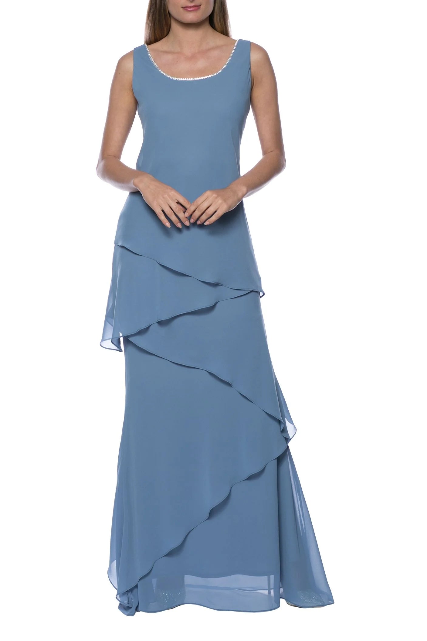 Embellished Scoop Neck Sleeveless Tiered Solid Chiffon Mother of the Bride Dress With Matching Long Sleeve Jacket