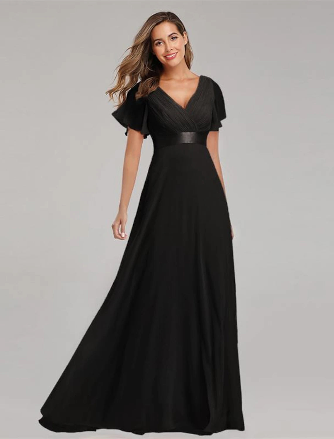 A-shaped ball dress autumn wedding guest dress bridesmaid floor to ceiling long and short sleeved V-neck chiffon V-back strap pleated ruffle edge