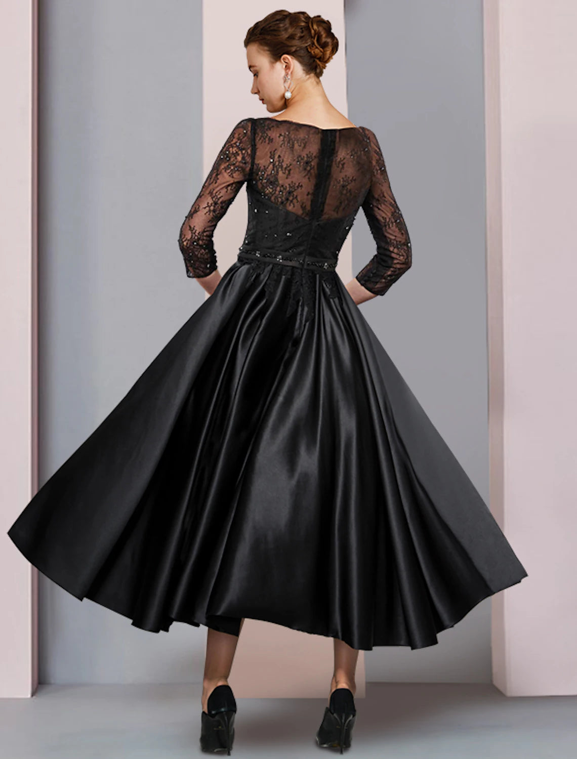 A-shaped Bride Mom Trendy Dress Formal Wedding Guest Party Low Round Neck Tea Long Satin Lace 3/4 Long Sleeves with Waist Ribbon Fold