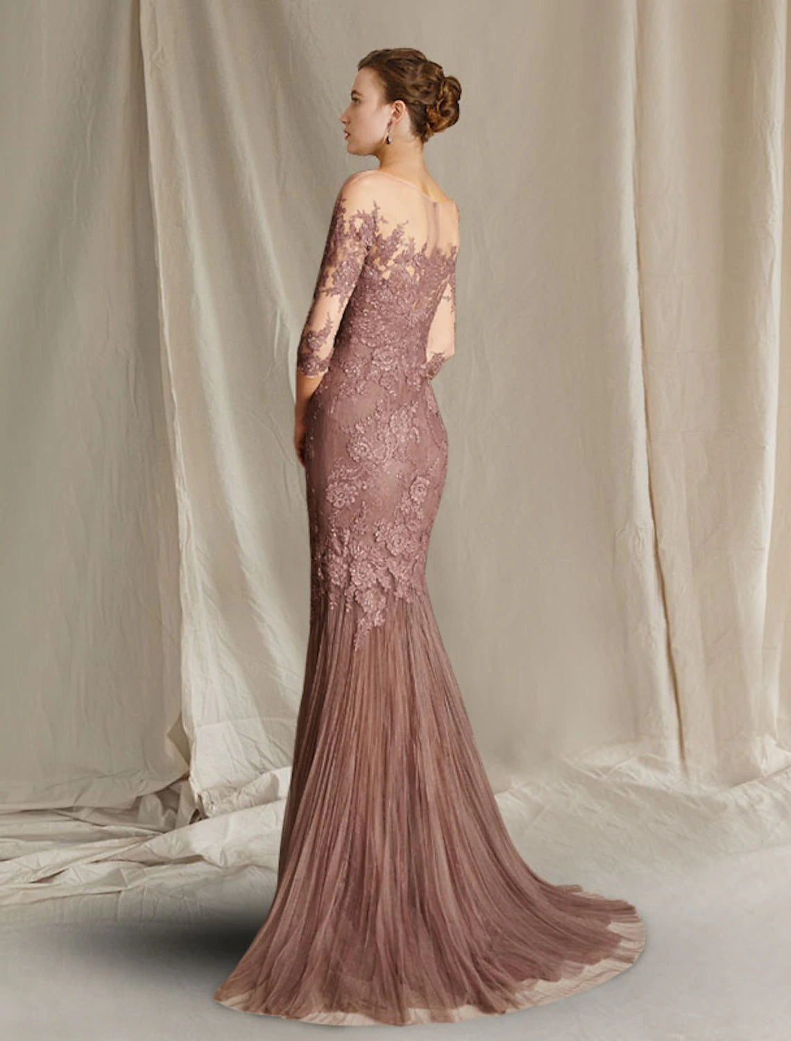 Mermaid Small Bride Mom Wedding Guests Elegant and Trendy Low Round Neck/Brush Tail Lace Sheer Half Cuff Band Applique