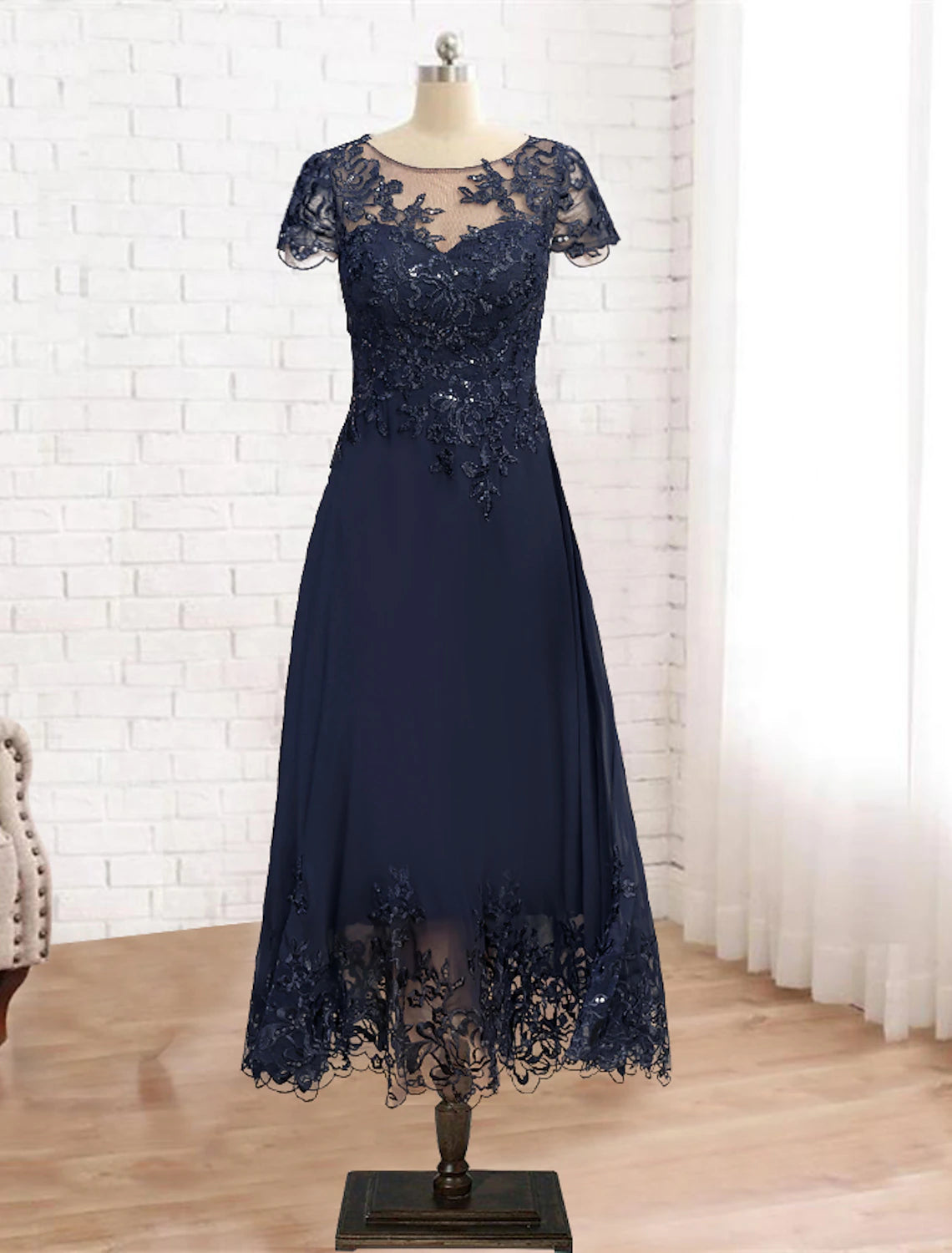 A-line Bride Mom Dress Wedding Guests Retro Low Round Neck Tea Long Lace 3/4 Long Sleeves with Sequin Stickers