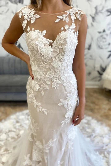Illusion Neck Appliques Trumpet Long Wedding Dress