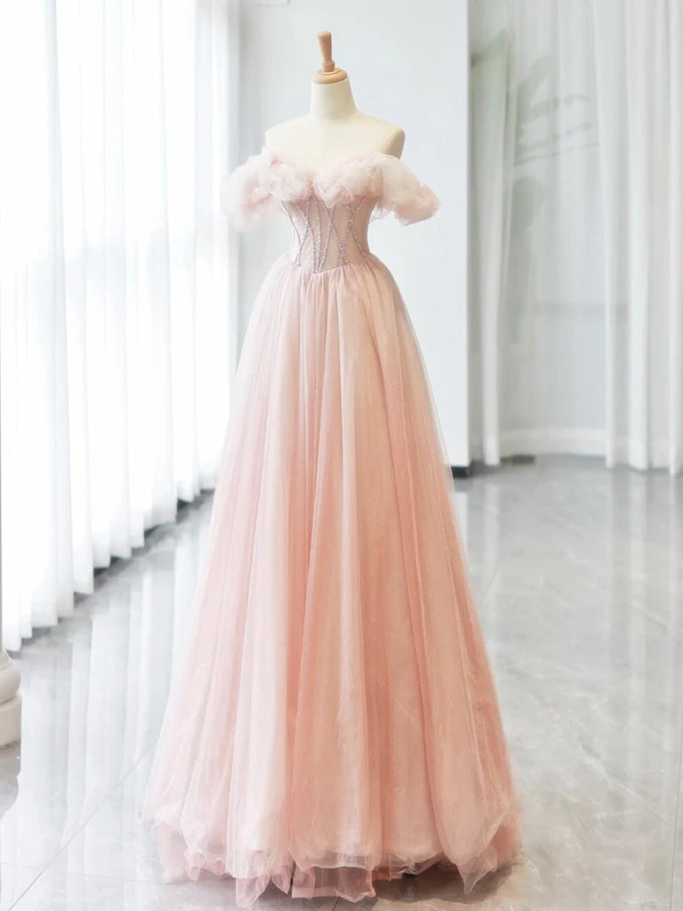 A-Line Sweetheart Neck Off Shoulder Tulle Pink Long Evening Dress