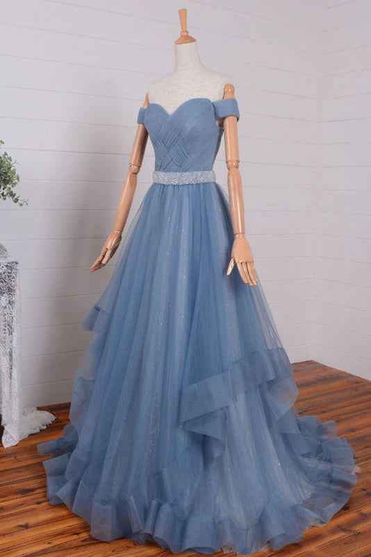 Blue tulle long off shoulder long prom dress tulle prom dress