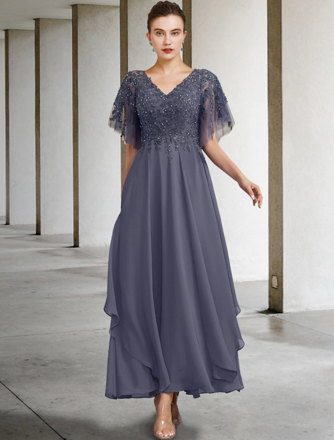 A-line curve bride's mother dress elegant gemstone collar and ankle chiffon lace short sleeved with sequin inlay