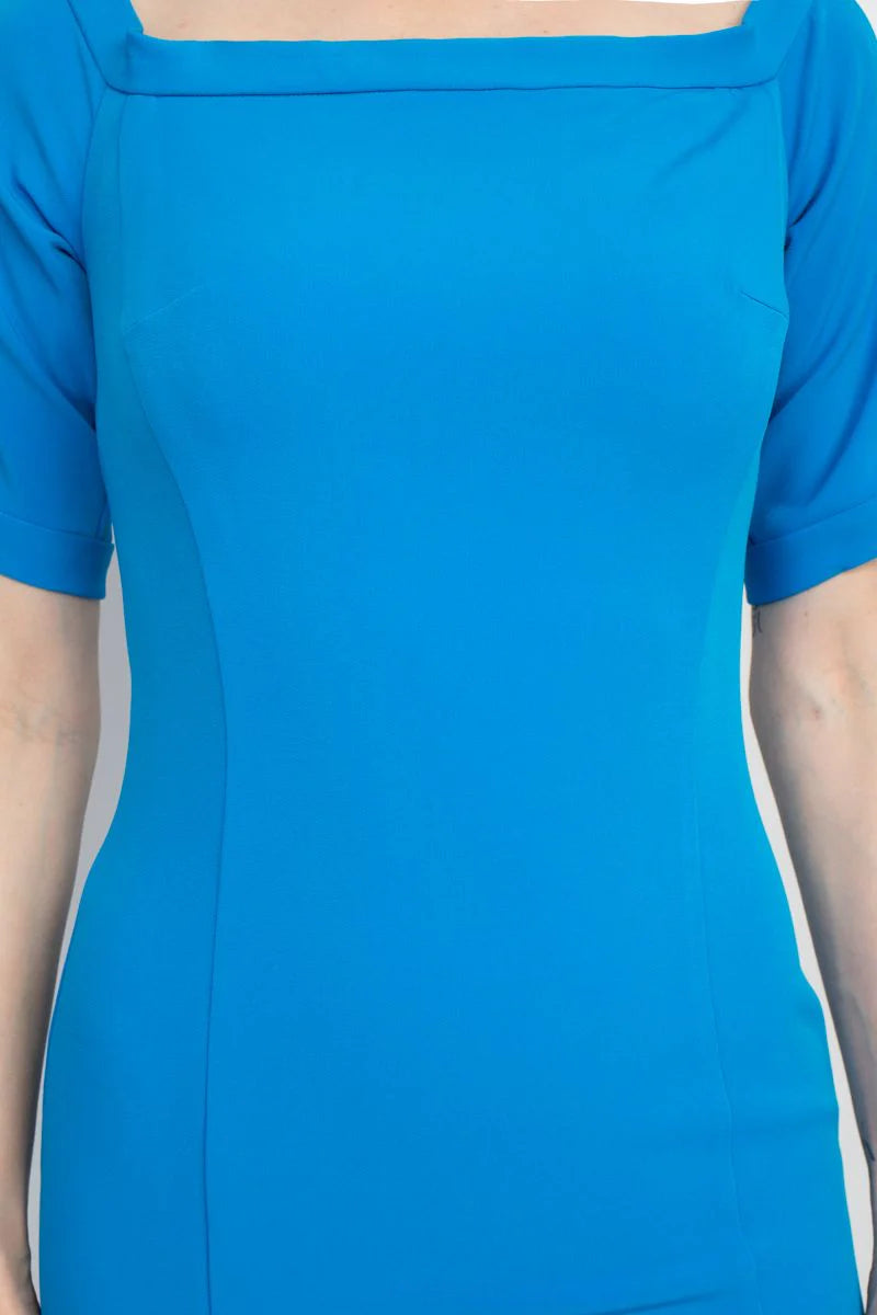 Square Neck Bow Shoulder Detail Short Sleeve Bodycon Zipper Back Slit Side Solid Scuba Mother of the Bride Dresses