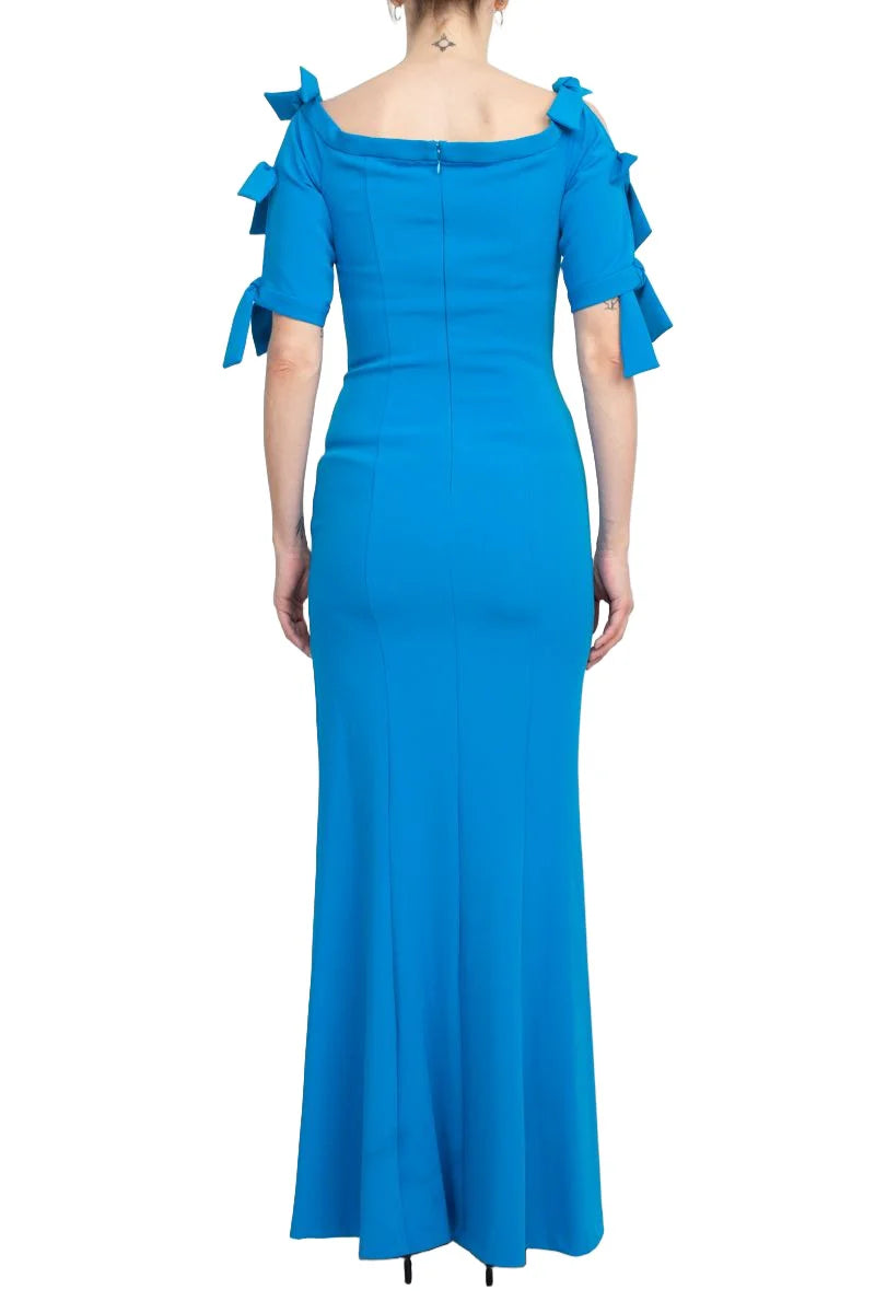 Square Neck Bow Shoulder Detail Short Sleeve Bodycon Zipper Back Slit Side Solid Scuba Mother of the Bride Dresses