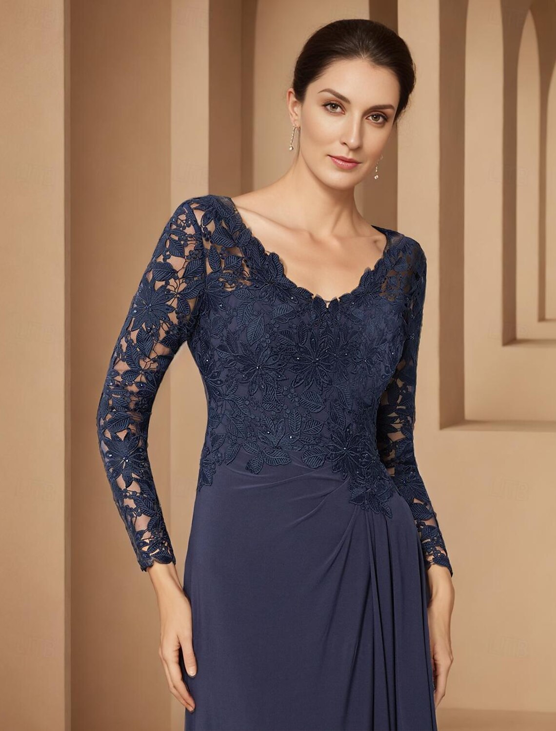 Mermaid Horn Bride Mom Dress Elegant and atmospheric Dress V-neck Asymmetric Floor to Floor Long Sleeve Chiffon Long Sleeve Half Sleeve Lace Drop Fold