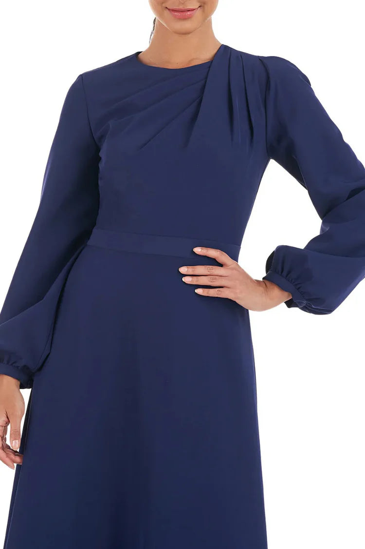 Kay Unger Crew Neck Long Sleeve Zipper Neck A-Line Stretch Crepe Dress