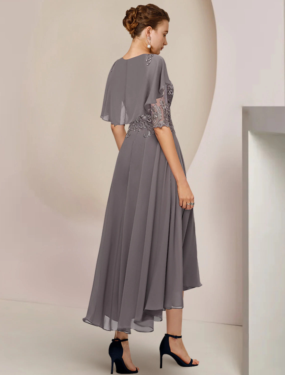 A-shaped Bride Mom Dress Fashion Trend Wedding Guests Elegant Spoon Neck Asymmetric Tea Length Chiffon Lace Half Cuff Beaded Applique