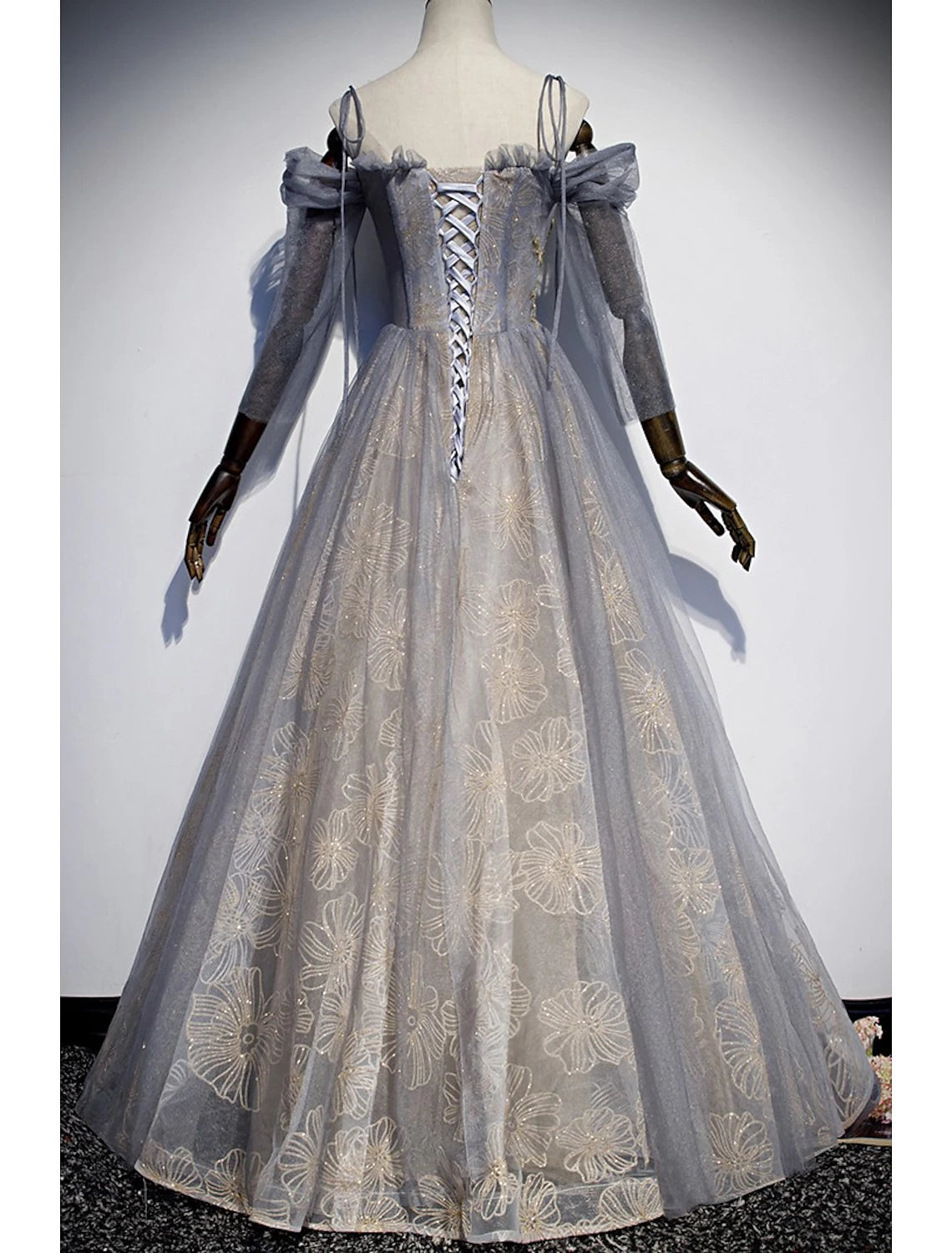 A-shaped ball sparkling elegant and noble dress wedding guests engaged ground length 3/4 long sleeves thin shoulder straps sequin embroidery thin gauze