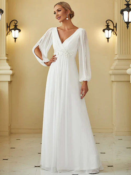 Elegant and Beautiful Chiffon V-neck Long sleeved Formal Cocktail Ball Evening Dress