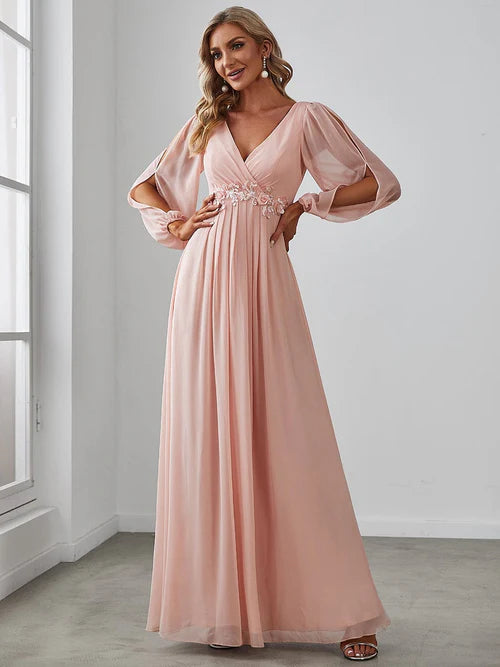 Elegant and Beautiful Chiffon V-neck Long sleeved Formal Cocktail Ball Evening Dress