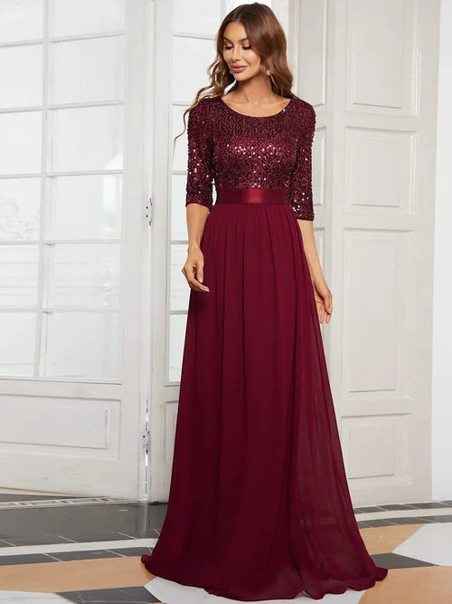 Elegant and sexy round neck long sleeved sequin evening gown