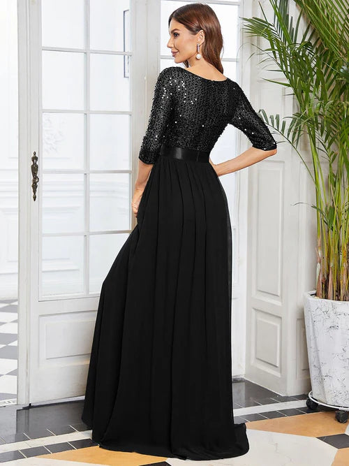 Elegant and sexy round neck long sleeved sequin evening gown