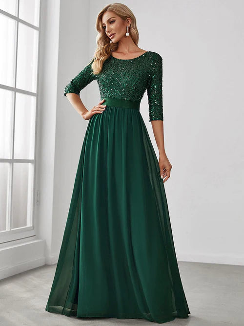 Elegant and sexy round neck long sleeved sequin evening gown