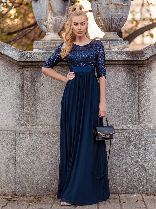 Elegant and sexy round neck long sleeved sequin evening gown