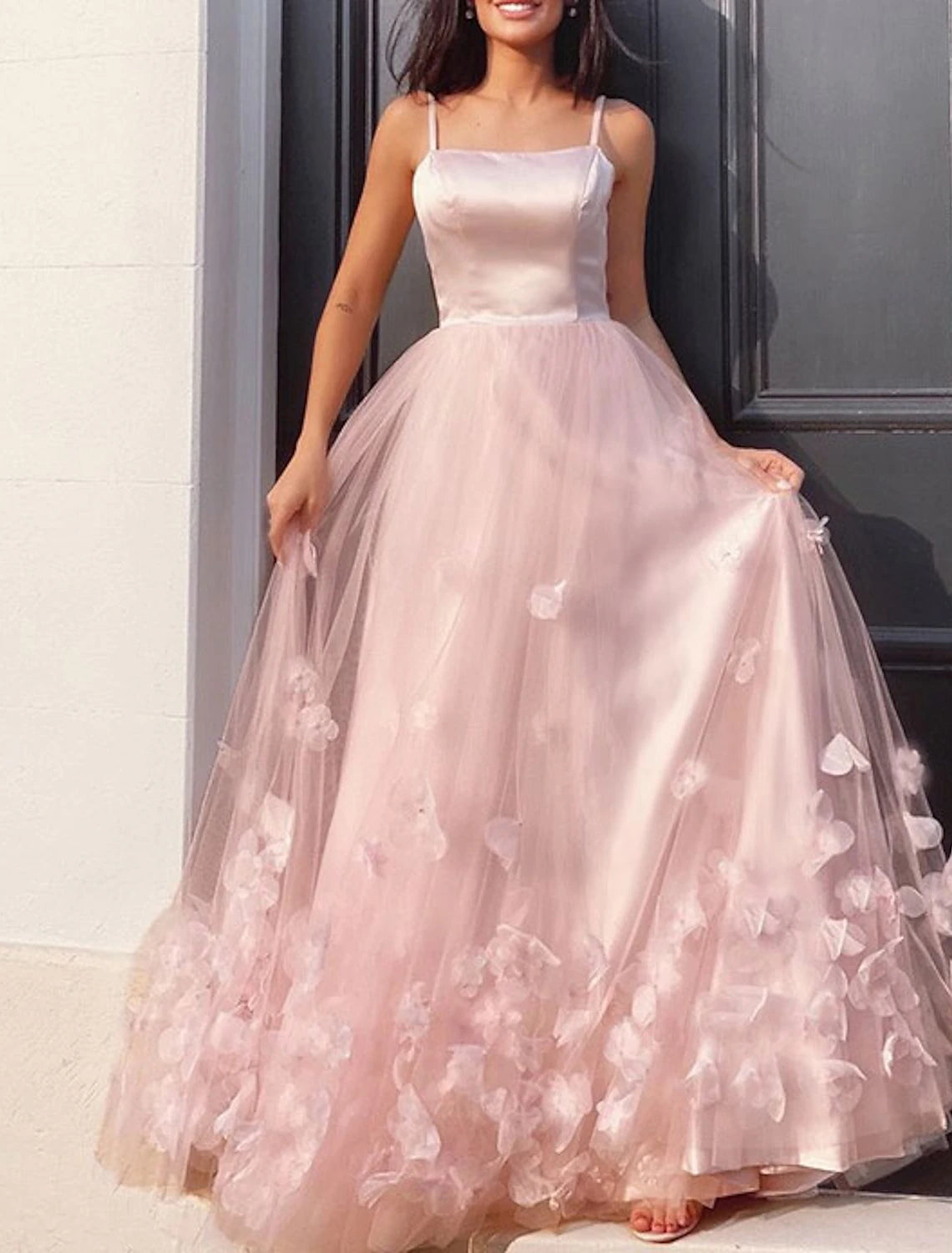 A-shaped ball party dress floral dress sweet long sleeveless thin shoulder strap pleated sticker sheer