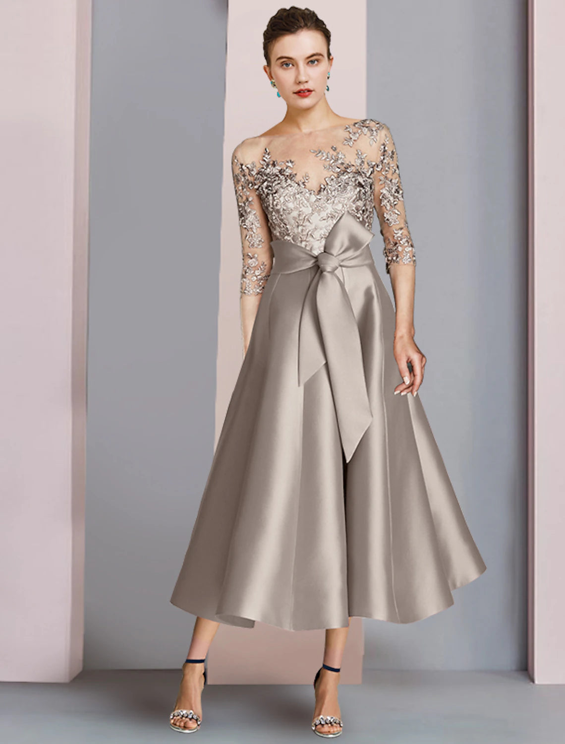 A-shaped Bride Mom Dress Wedding Guests Elegant Low Round Neck Tea Long Satin Lace Half Sleeve Bow Sticker