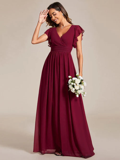 Sexy back hollowed out A-line pleated ruffle sleeve chiffon bridesmaid skirt