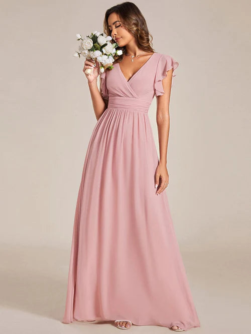 Sexy back hollowed out A-line pleated ruffle sleeve chiffon bridesmaid skirt