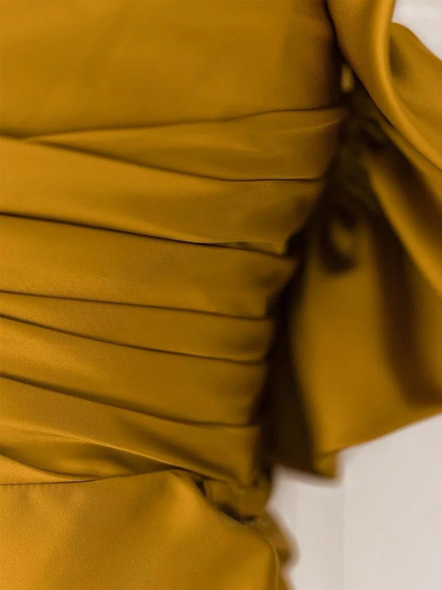 Vintage Off Shoulder Gold Satin Draped Evening Gown - Formal Dress