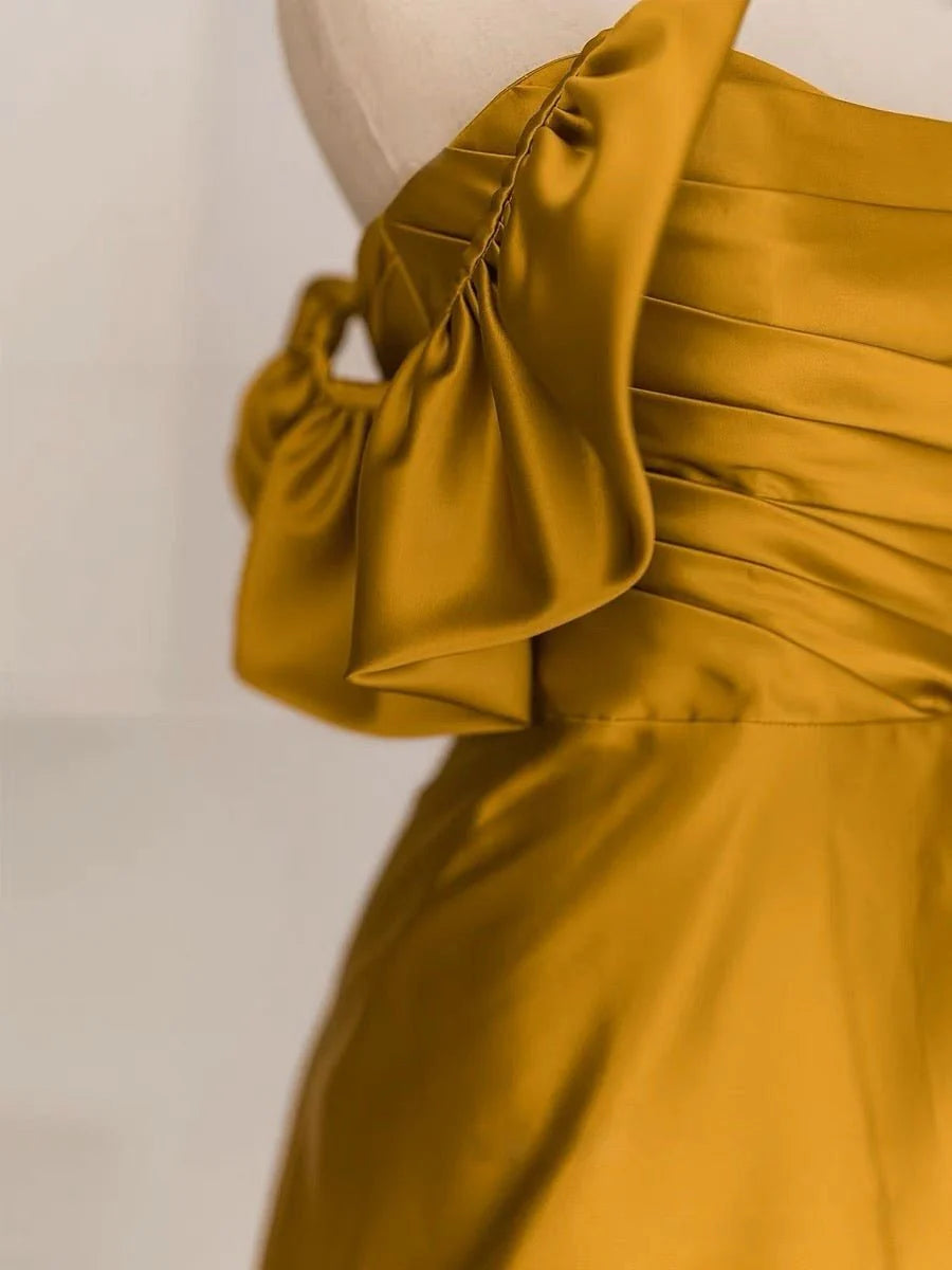 Vintage Off Shoulder Gold Satin Draped Evening Gown - Formal Dress