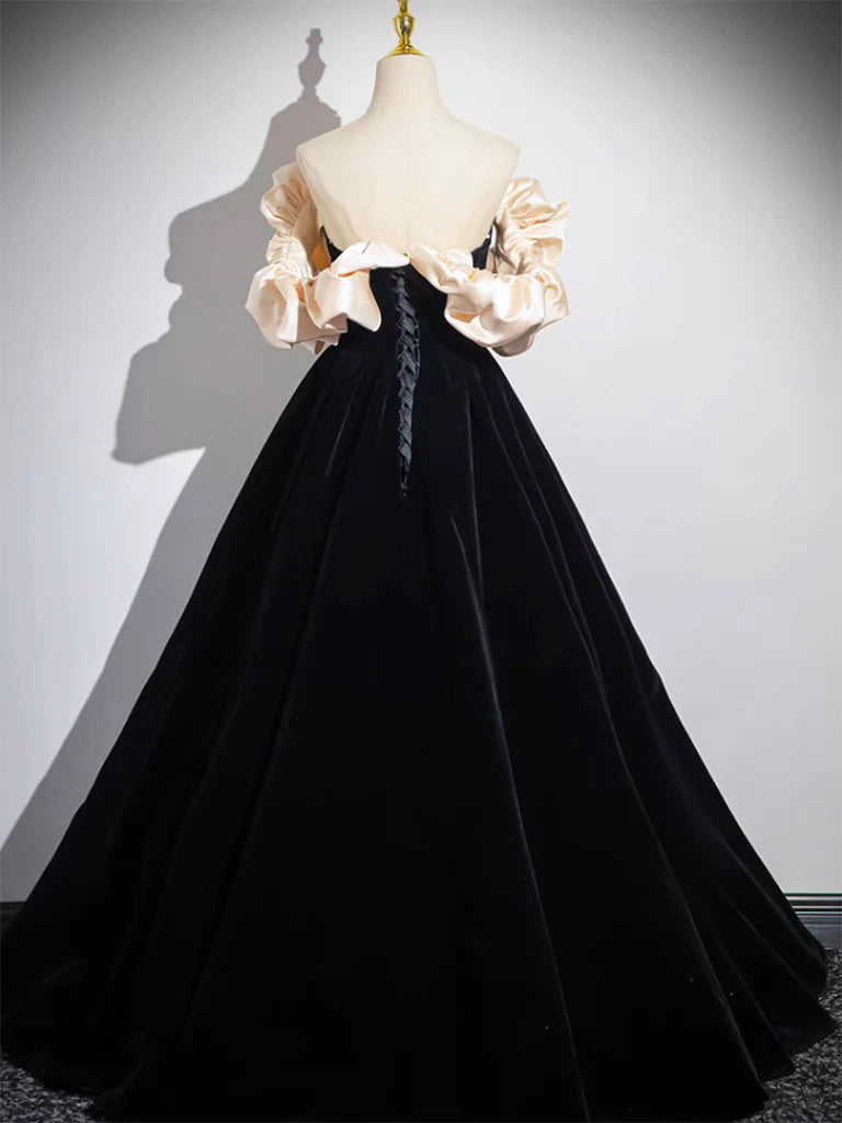A-Line Black Velvet Long Evening Dress Black Long Evening Dress