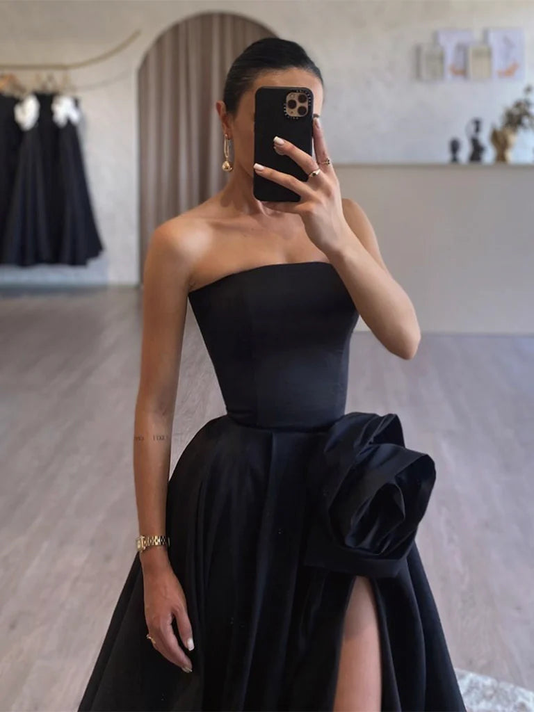 A-Line Satin Black Long Evening Dress Black Long Formal Dress