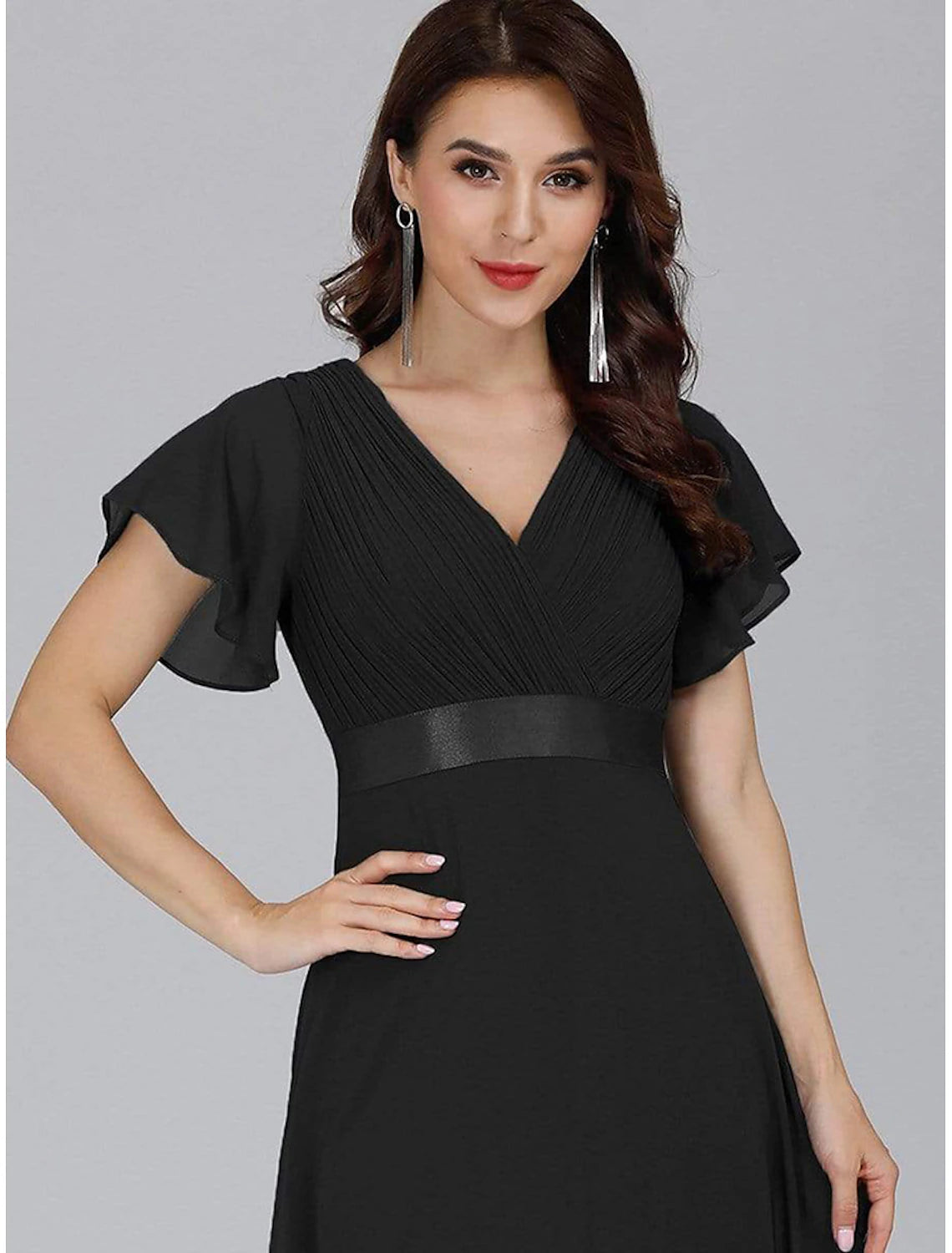 A-line Party Evening Dress Wedding Guest Long Short Sleeve V-Neck Bridesmaid Dress Chiffon V-Strap Ruffle Edge
