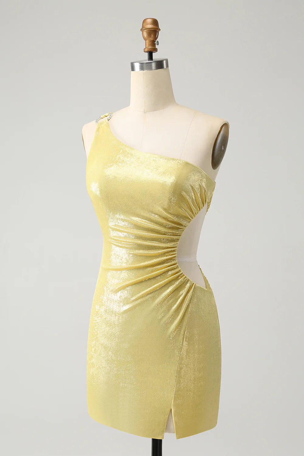 Yellow Bodycon One Shoulder Hollow Out Pleated Metallic Homecoming Dress