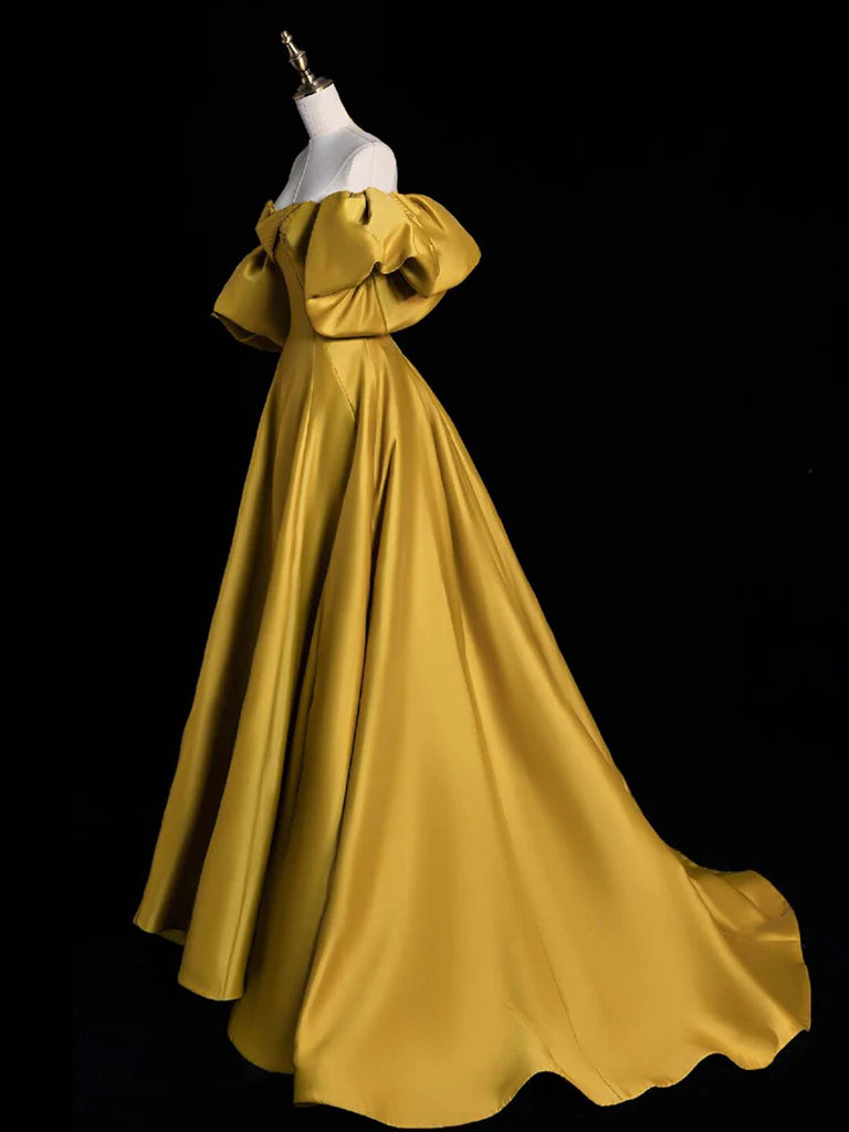 Yellow A-line Satin Long Evening Dress Yellow Long Evening Dress