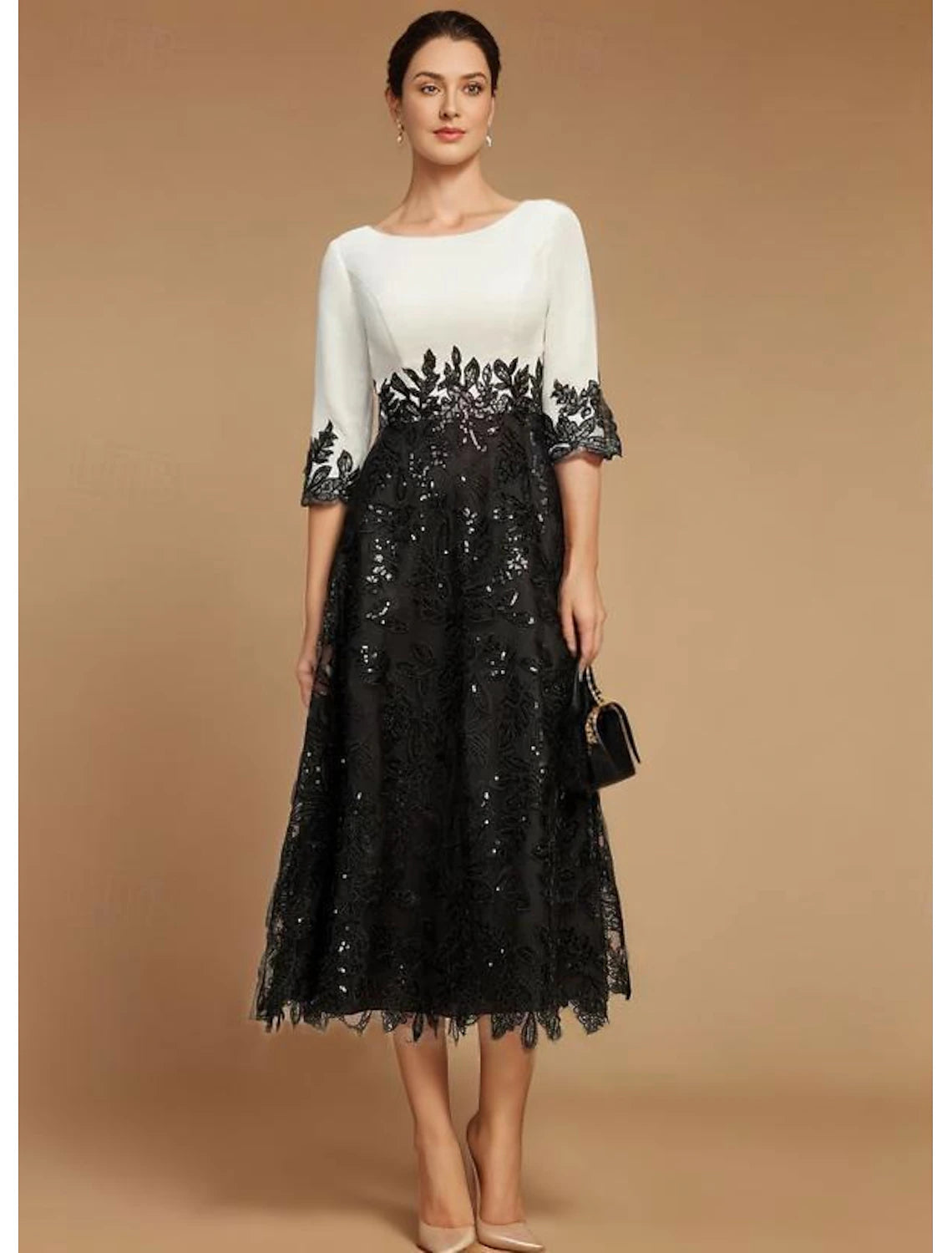 A-line Bride Mom Dress Wedding Guest Vintage Etiquette Jewel Neck Tea Long Lace Half Sleeve Lace Color Block