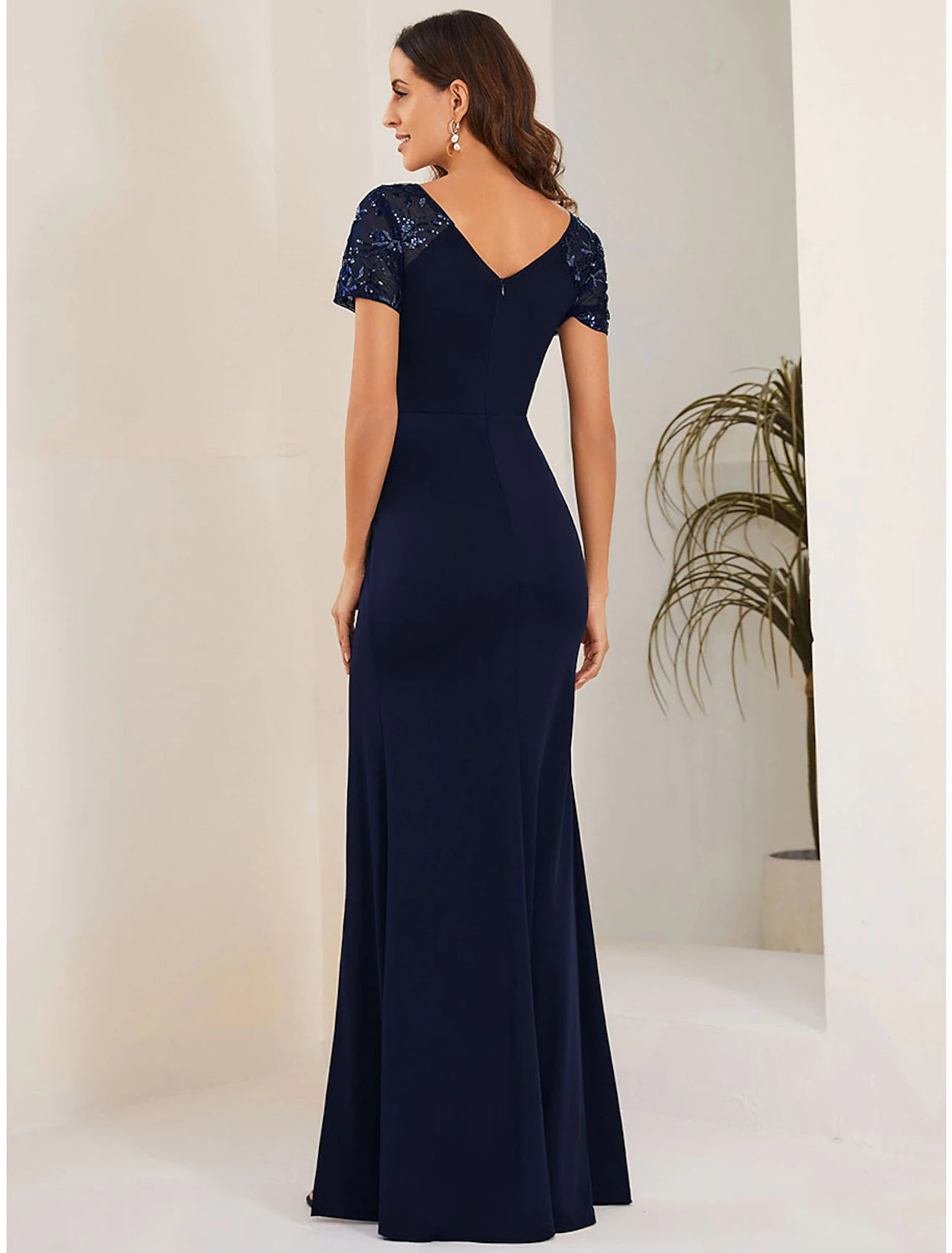 Mermaid Horn Wedding Guest Dress High Split Dress Black Tie and Floor Length Short Sleeve V-Neck Elastic Fabric with Crystal