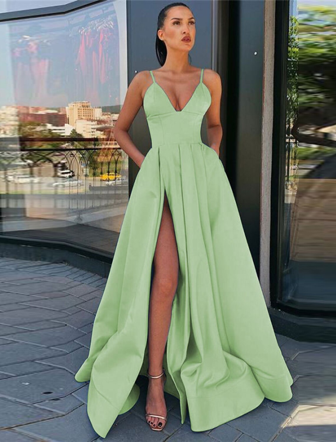 A-shaped black dress ball dress high slit evening dress day and summer dress thin shoulder strap sleeveless sweeping/brush trailing satin pleats