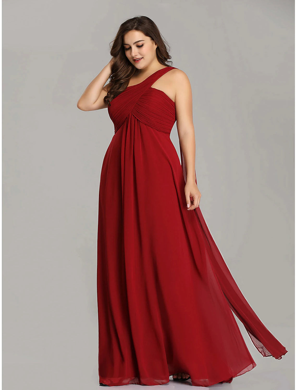 A-line generous and dignified evening dress imperial wedding formal banquet for guests and floor length sleeveless one shoulder bridesmaid dress chiffon open strap pleats