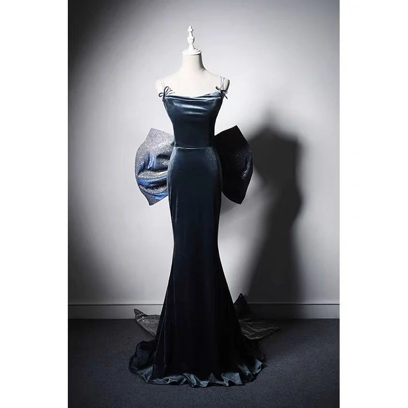 Sapphire Blue Velvet Backless Formal Dress With Bow Tie Evening Gown